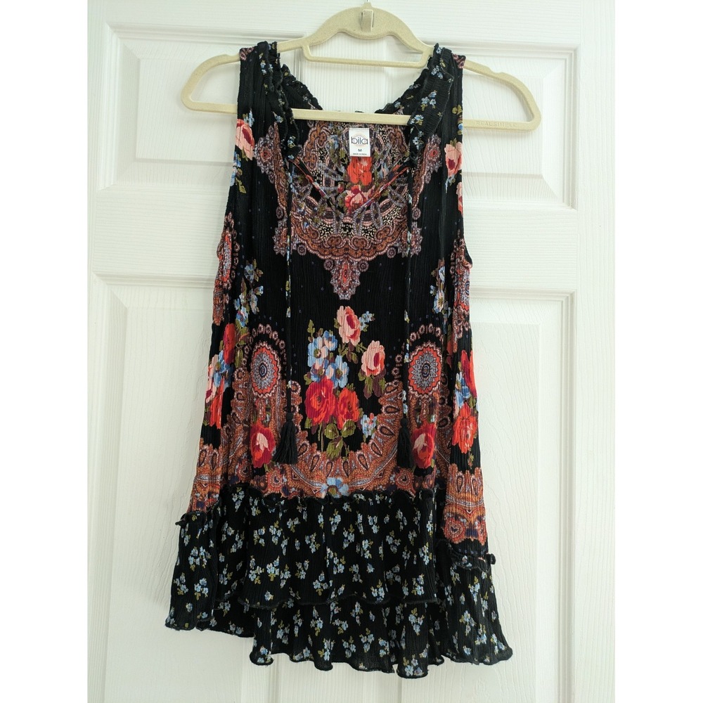 Bila Black & Orange Floral Paisley Sleeveless Tank Top V Neck Indian Blouse